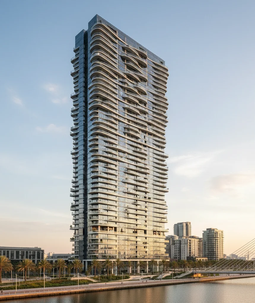 high-rise building visualization 3D render of modern waterfront residential tower with glass facade, curved balconies, and urban skyline