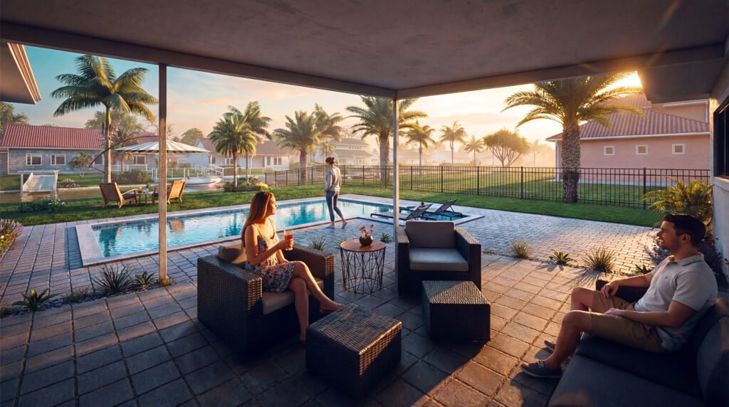 Luxury backyard pool patio 3d rendering in Florida — Photorealistic Architectural Visualization New York