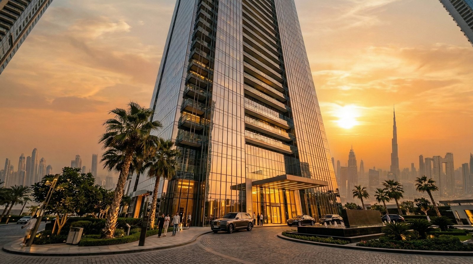 3D Architectural Rendering Dubai – Luxury High-Rise Tower at Sunset with Burj Khalifa View by Yantram Studio