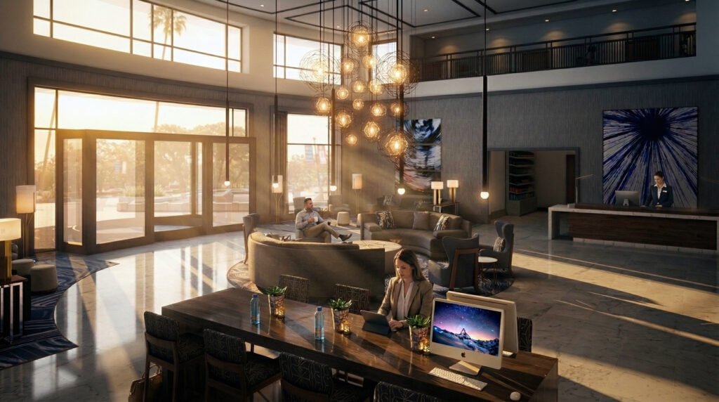 Interior lobby render for commercial development in Calgary — Photorealistic Architectural Renders Canada