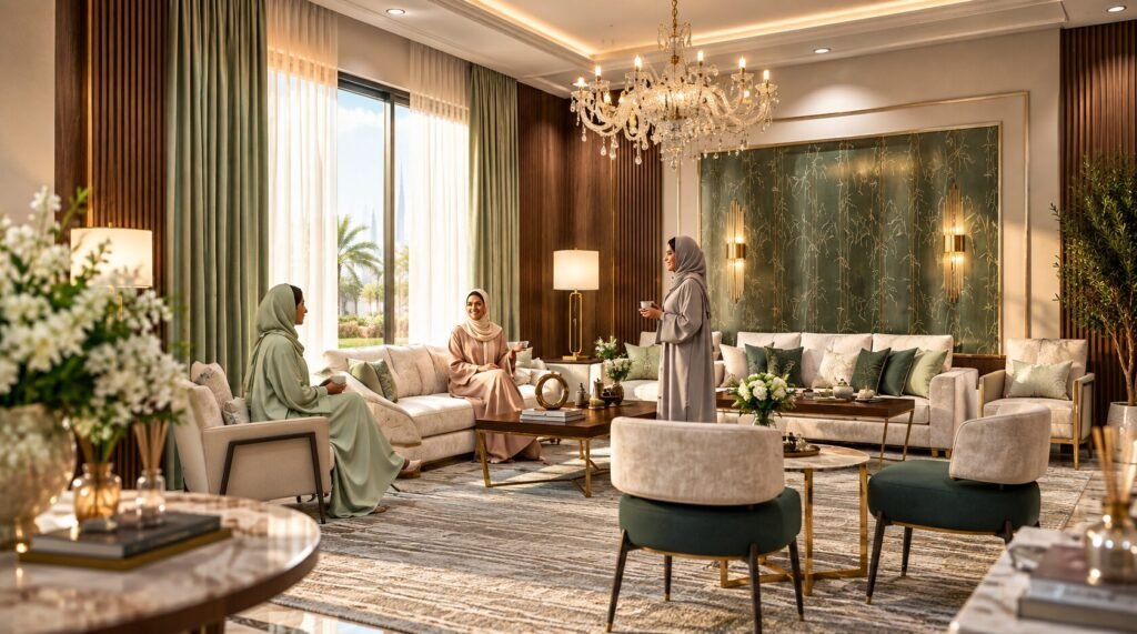 Luxury majlis interior Abu Dhabi modern Arabic living room 3d render — Architectural Rendering Company In Dubai