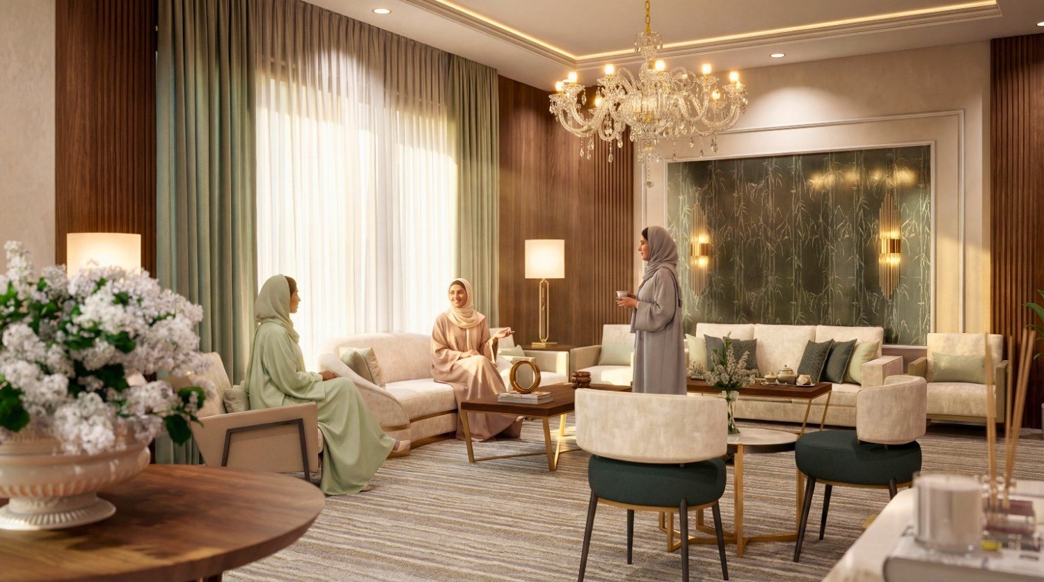 3D Interior Rendering Abu Dhabi – Luxury Majlis Modern Arabic Living Room by Yantram