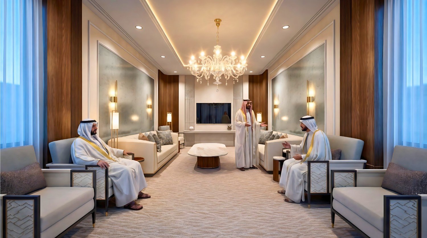 3D Interior Rendering Abu Dhabi – Luxury Majlis Modern Arabic Living Room Visualization by Yantram