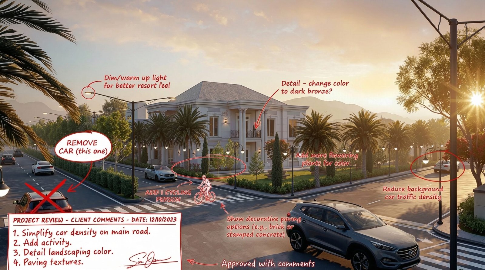 Luxury villa exterior 3D rendering with client markup annotations during review