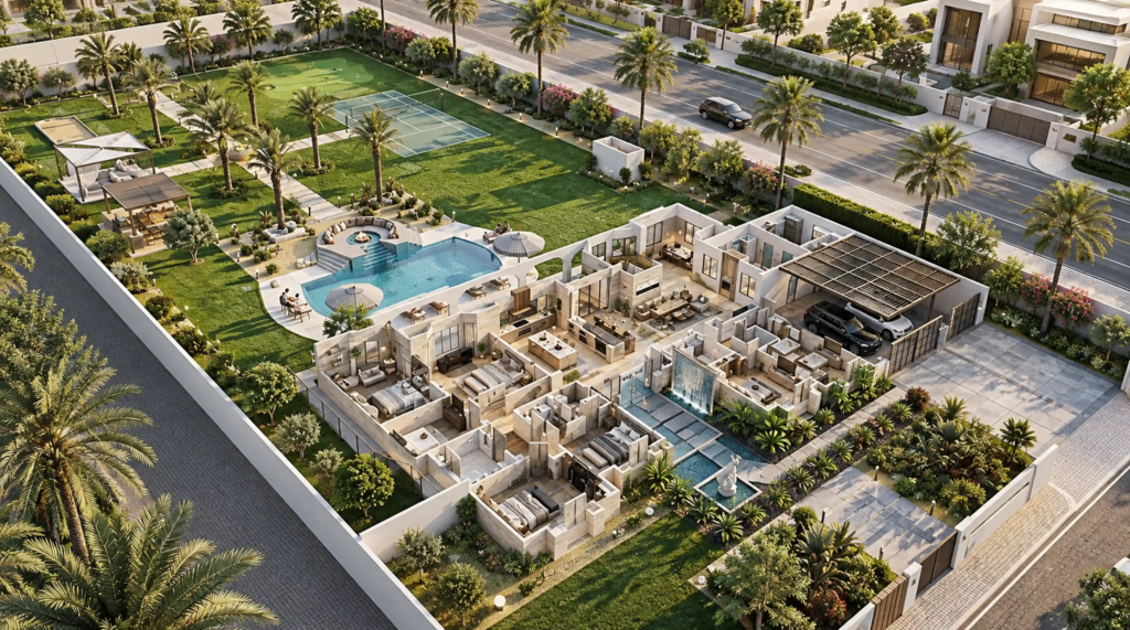 Luxury villa floor plan Palm Jumeirah Dubai 3d rendering aerial layout — 3D Architectural Rendering Uae