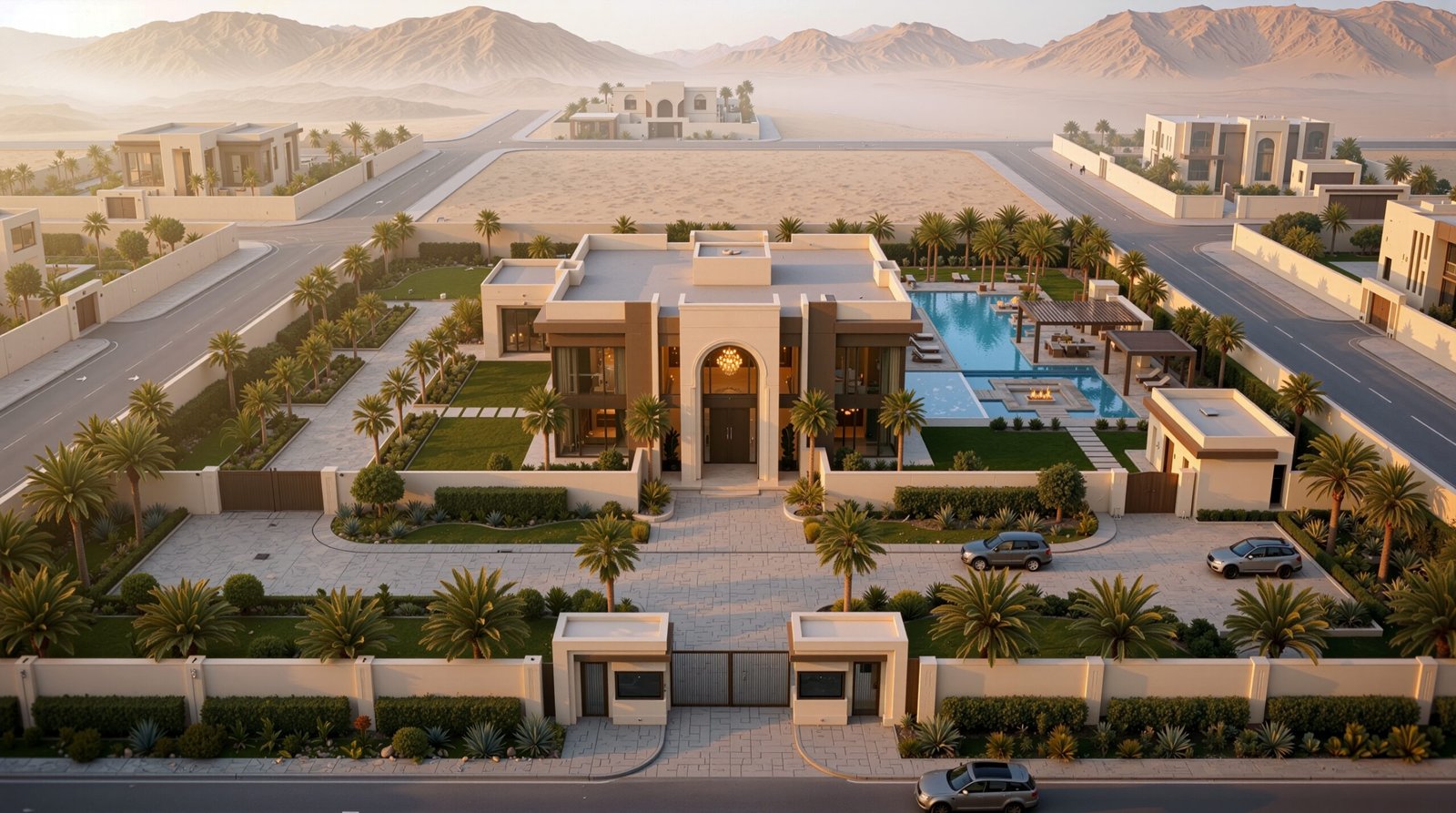 3D Exterior Rendering Dammam Saudi Arabia – Luxury Villa Aerial Visualization by Yantram Studio
