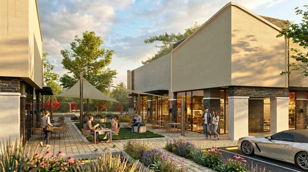 Mixed-use commercial exterior render in Toronto — 3D Architectural Visualization Canada