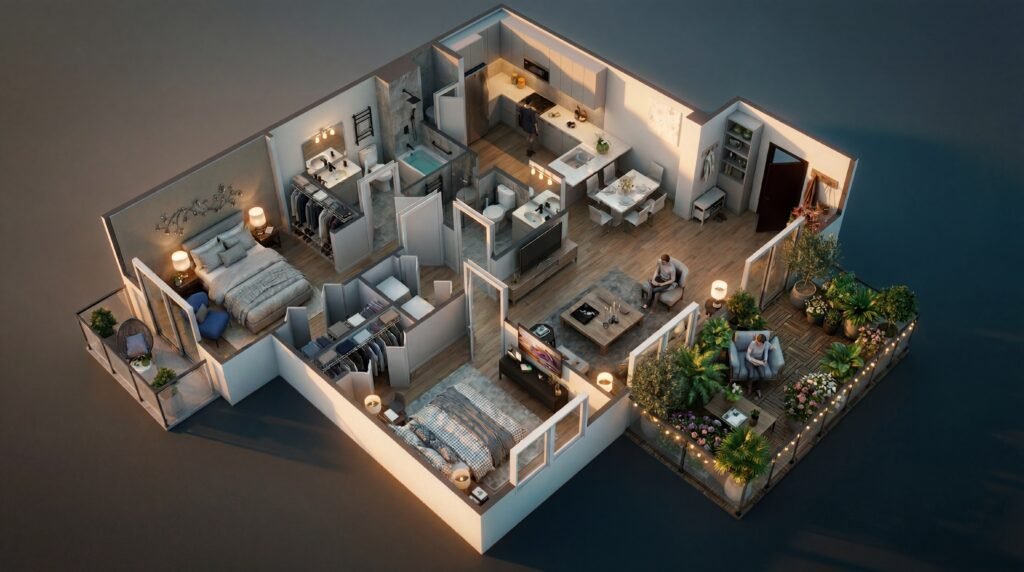 modern apartment floor plan 3d rendering manchester uk residential layout
