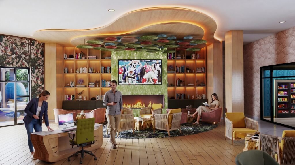 Modern hotel lobby lounge 3d interior rendering in Los Angeles