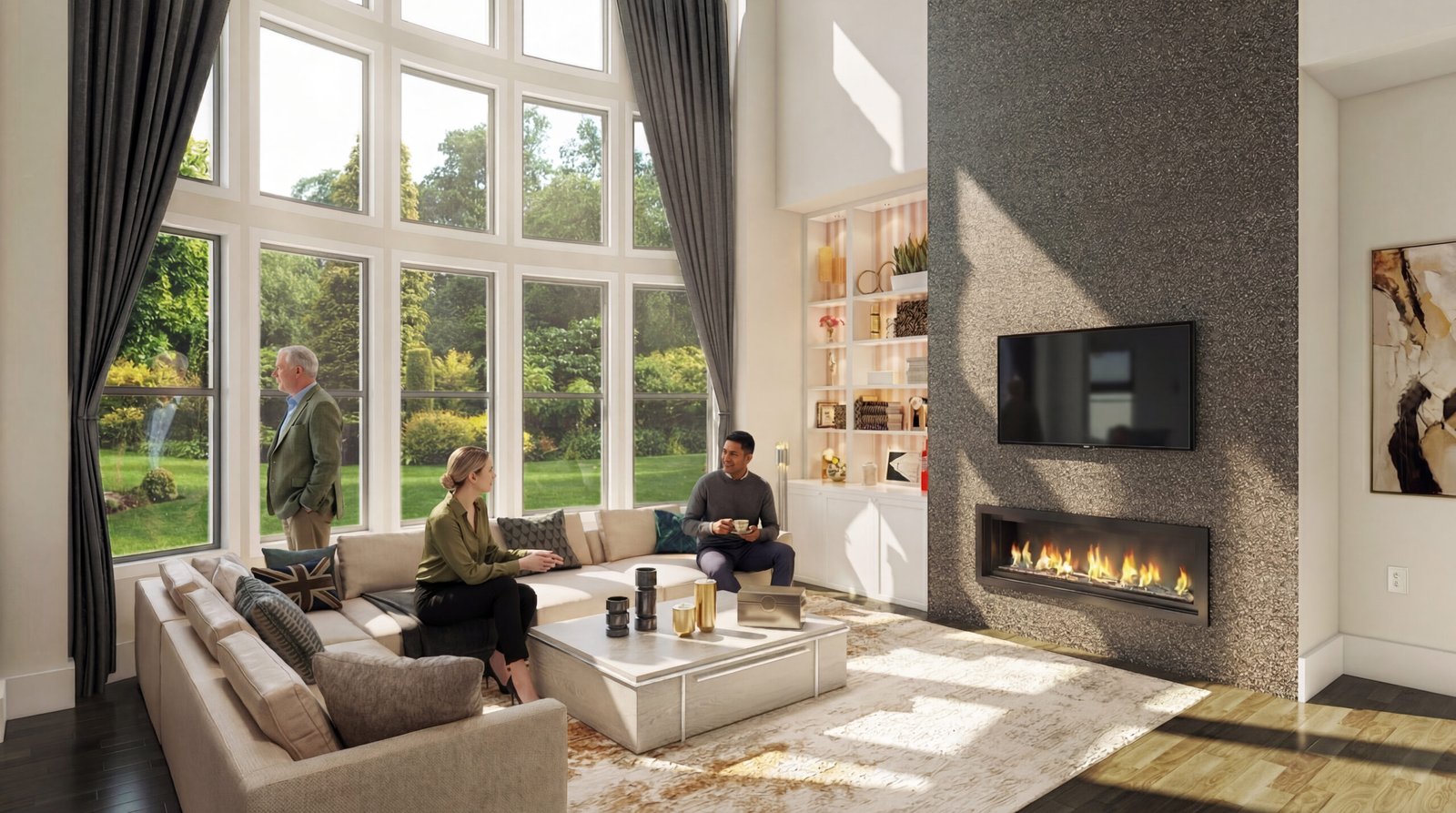 Modern Luxury Living Room Interior 3D Rendering Surrey UK Fireplace Design