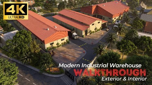 3D walkthrough modern industrial warehouse complex aerial view with multiple buildings, loading areas, road access, and landscaped surroundings