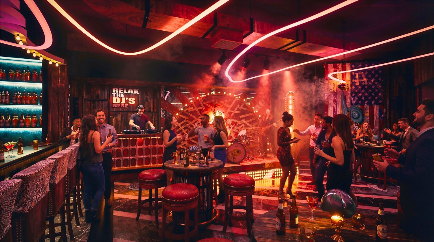 3D interior rendering of a nightclub bar with DJ booth and neon lighting, UK project by Yantram