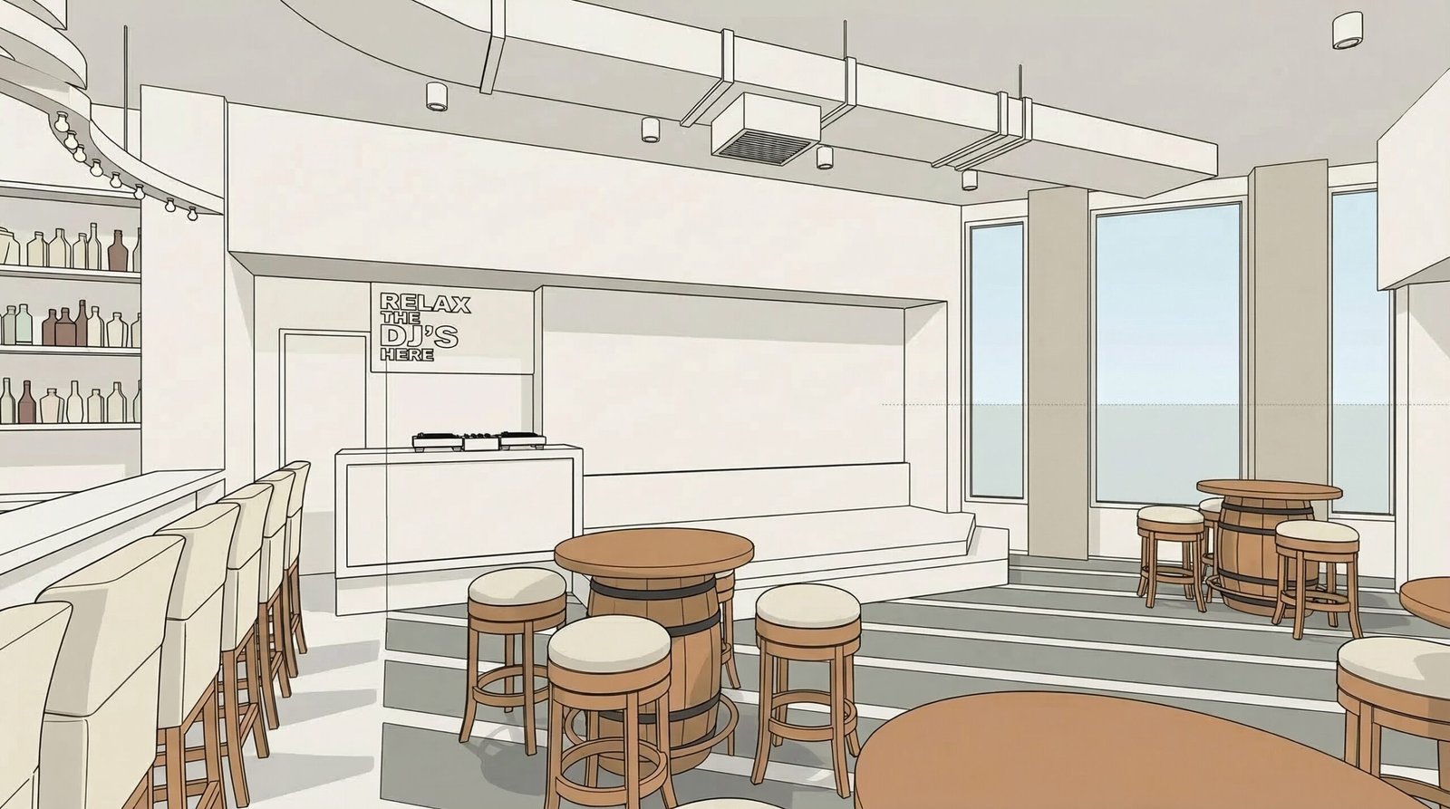 Untextured SketchUp 3D model of the nightclub bar interior before rendering