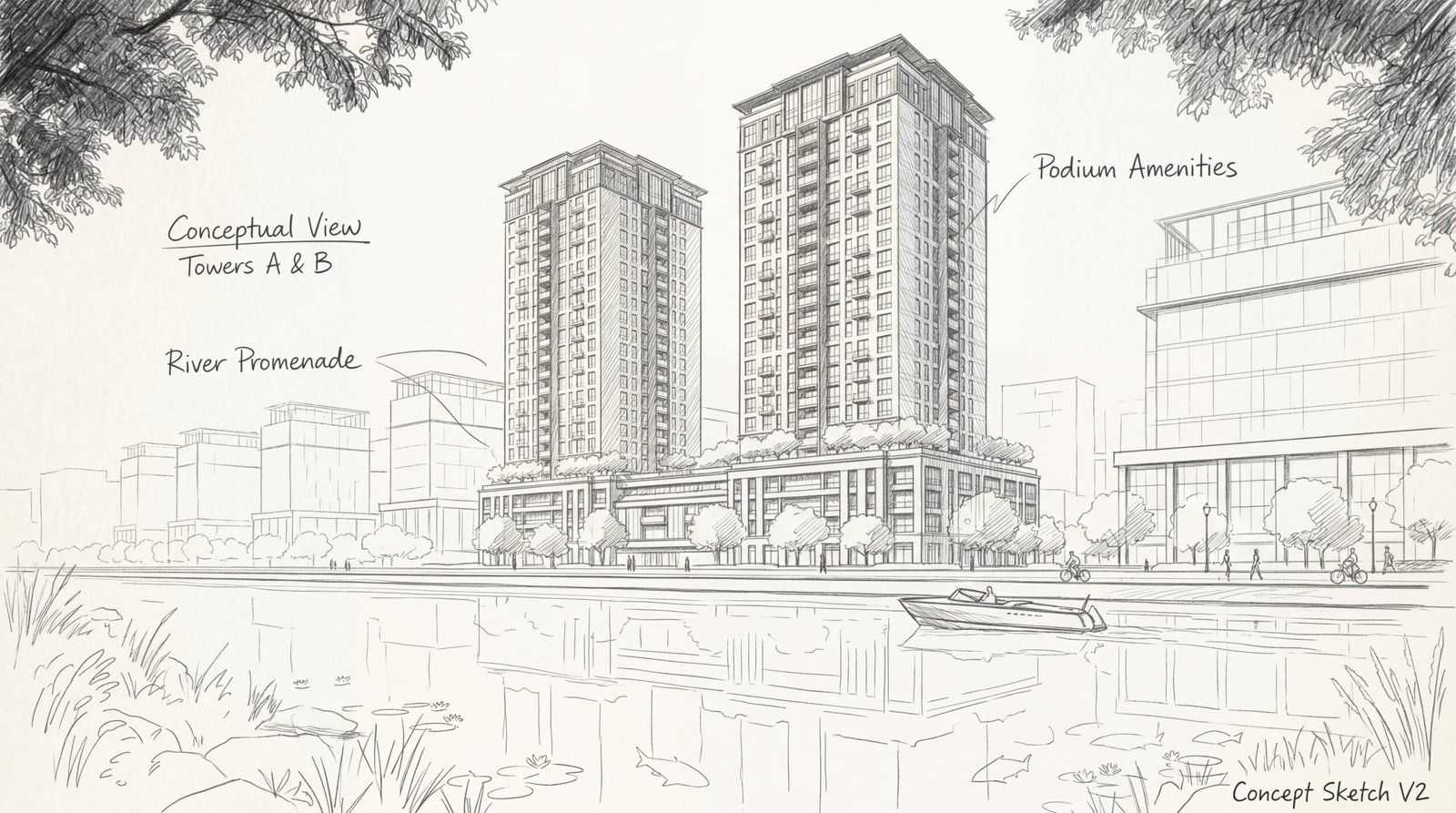 Hand-drawn concept sketch of residential towers along a river promenade