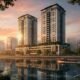 Photorealistic 3D exterior rendering of twin residential high-rise towers with waterfront river promenade at sunset by Yantram Studio