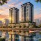 Photorealistic 3D exterior rendering of twin residential high-rise towers with waterfront river promenade at sunset by Yantram Studio