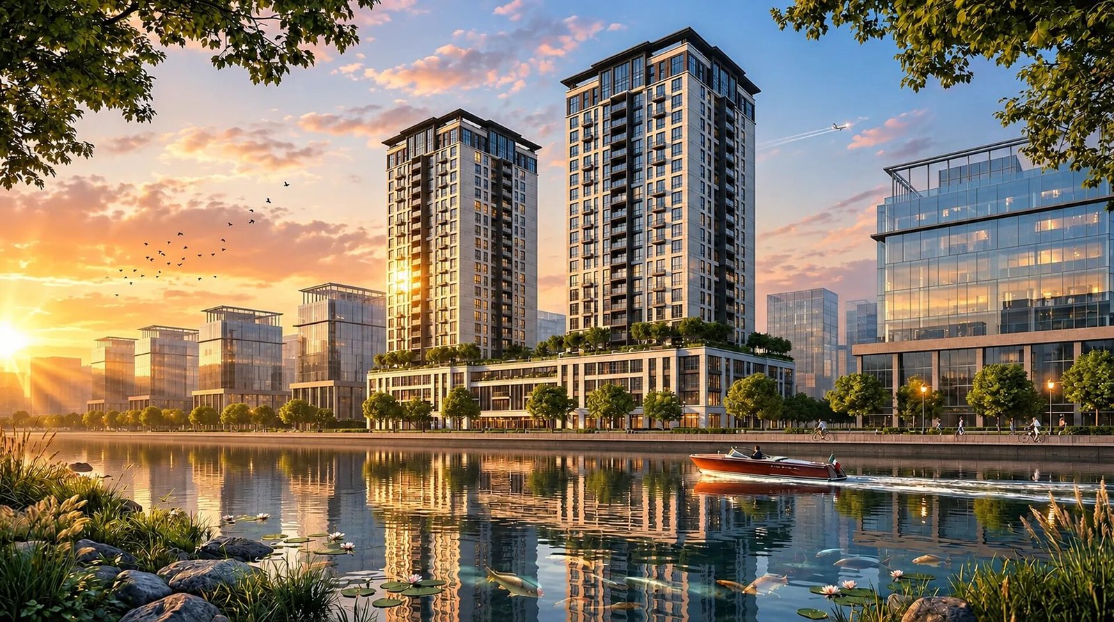 3D exterior rendering of residential twin towers on a waterfront at sunset, Canada project by Yantram