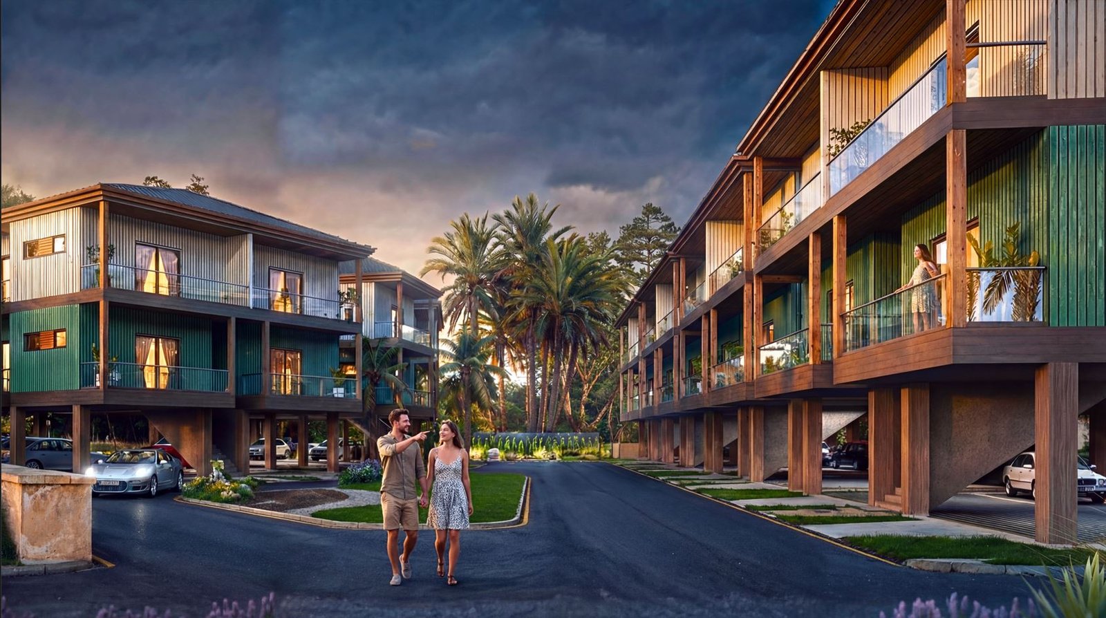 3D exterior rendering of a tropical resort townhouse with landscaping and pool