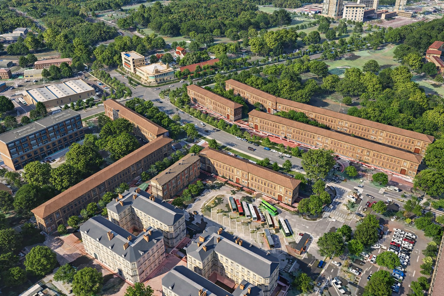 Aerial still from a 3D walkthrough animation of an urban redevelopment masterplan