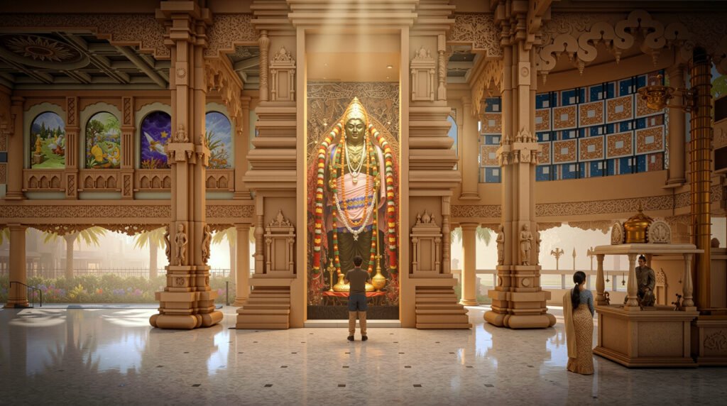 Interior 3d rendering of a traditional Hindu temple with ornate columns in Singapore — Photorealistic Architectural Renders Singapore