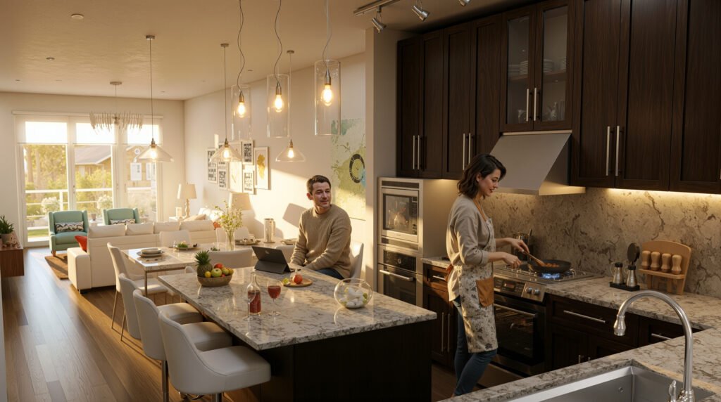 Luxury modern kitchen and living room interior 3d visualization with open plan — 3D Architectural Visualization Singapore