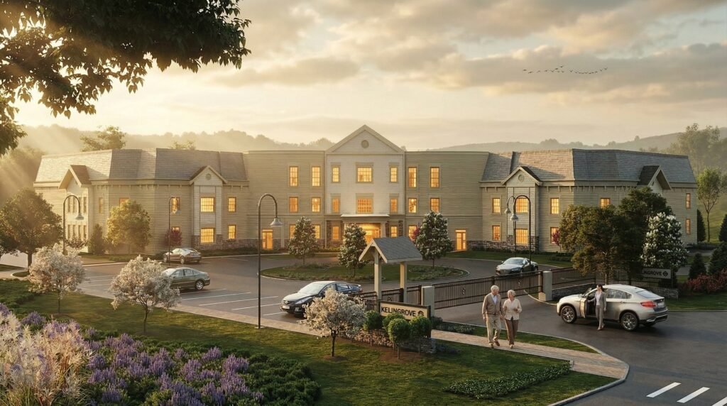 luxury retirement home exterior oxford uk 3d rendering at sunset — Architectural Visualization Uk Company In London