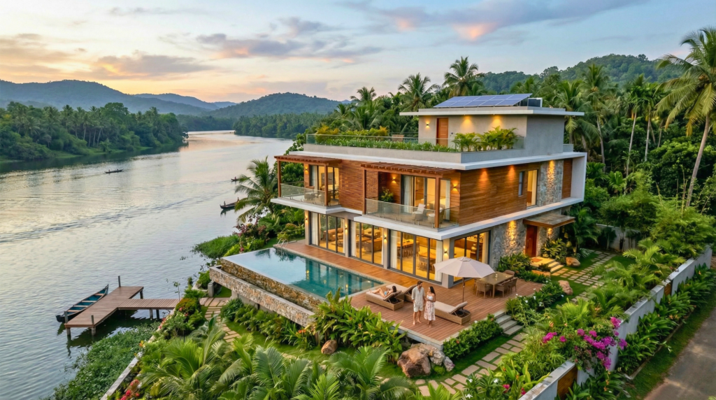 Luxury modern riverside villa exterior 3d render with swimming pool and wooden dock — Architectural Rendering Company In Singapore