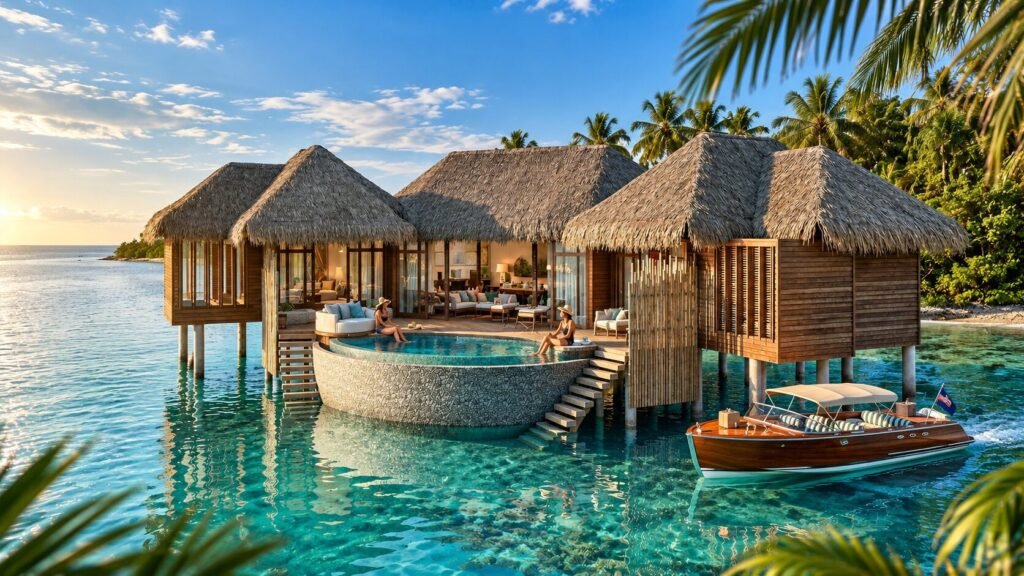 Luxury waterfront villa exterior with thatched roofs and pool — 3D Architectural Rendering Australia