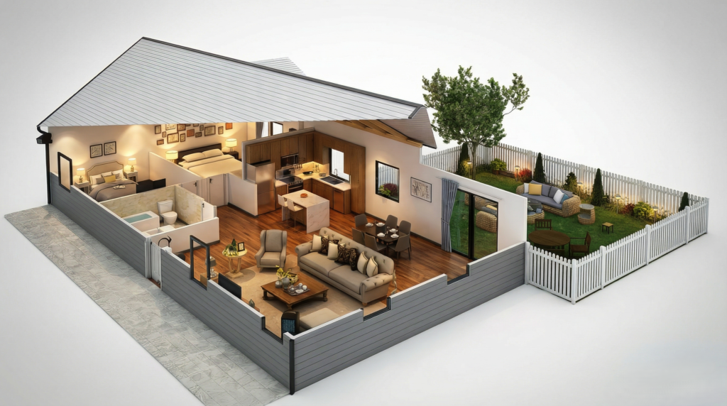 Modern house cut section 3d floor plan rendering with furnished rooms and garden — 3D Architectural Rendering Singapore