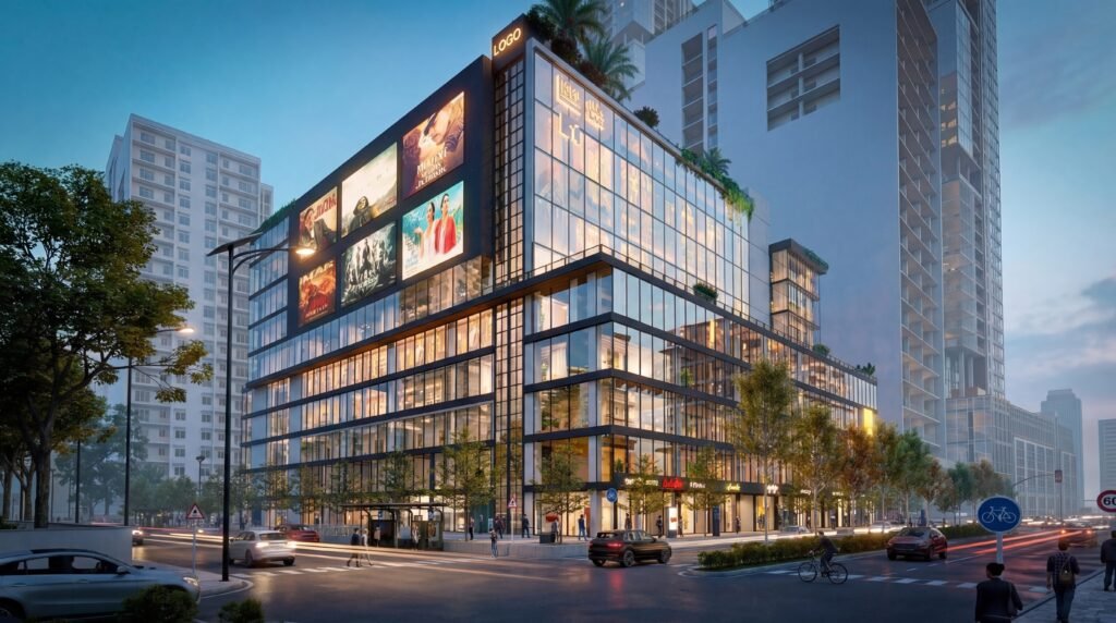 Exterior rendering of a modern mixed-use commercial building in Washington