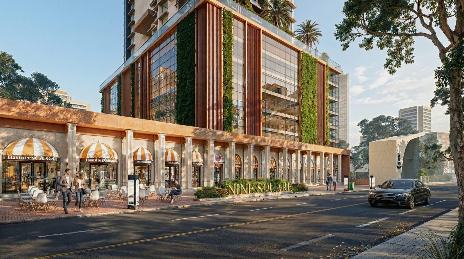 Mixed-use commercial exterior 3D rendering in Toronto featuring modern retail spaces, outdoor seating area, landscaped plaza, and warm evening lighting