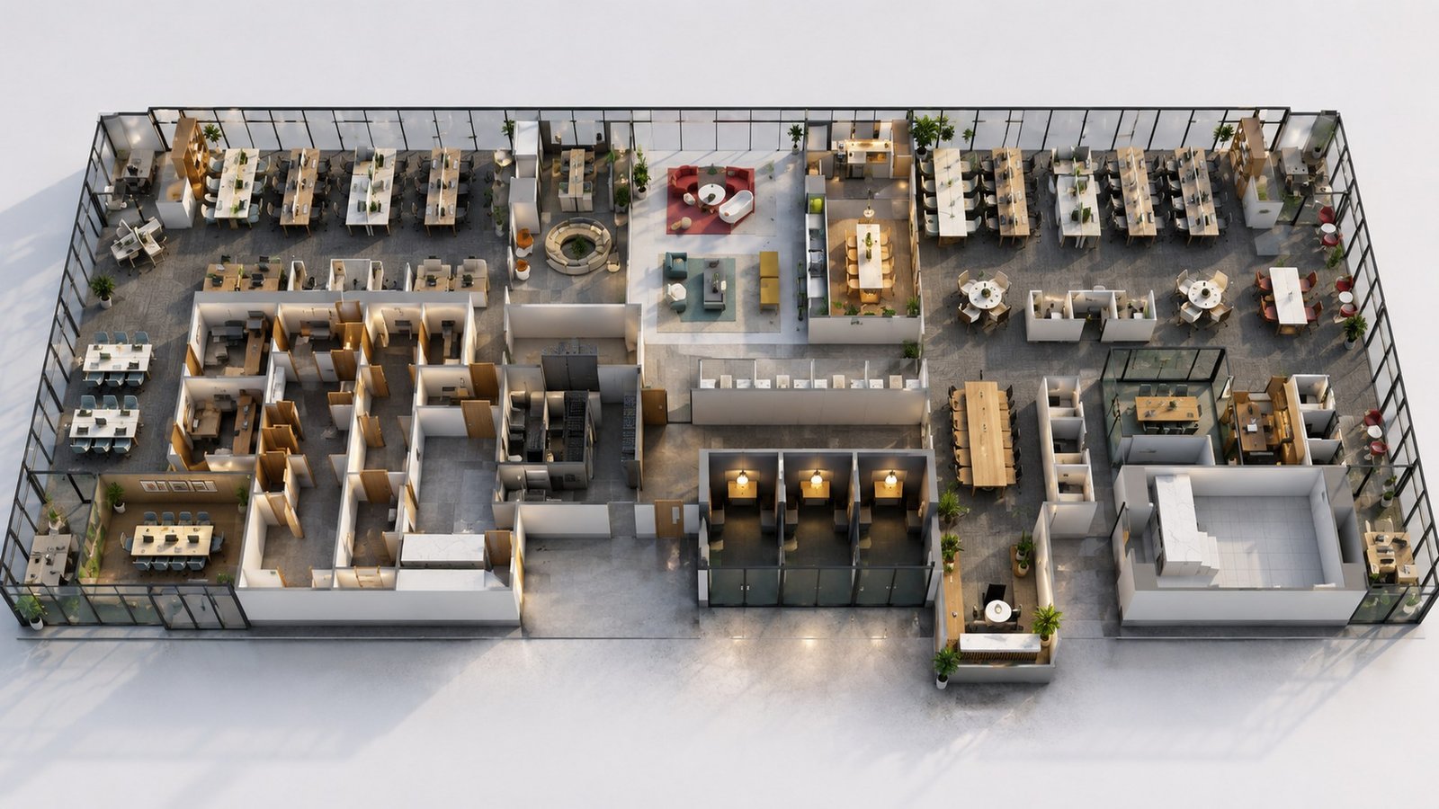 3D floor plan of a corporate office showing workstations, cabins, meeting rooms and circulation