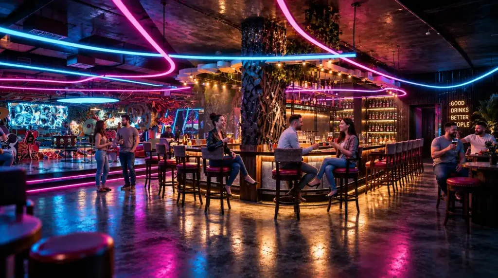 Neon lit nightclub and bar interior render with custom lounge seating — 3D Architectural Rendering Washington
