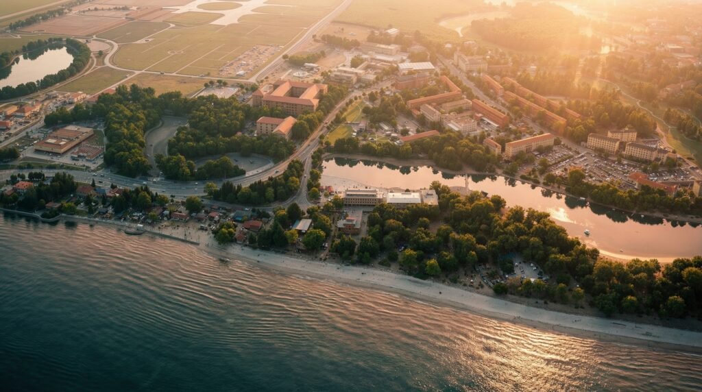 Aerial master plan 3d rendering of a coastal waterfront development in Singapore — 3D Architectural Visualization Singapore