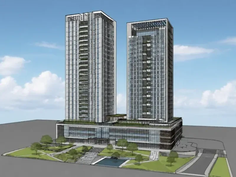 3D exterior rendering of a waterfront high-rise residential tower in Dubai UAE