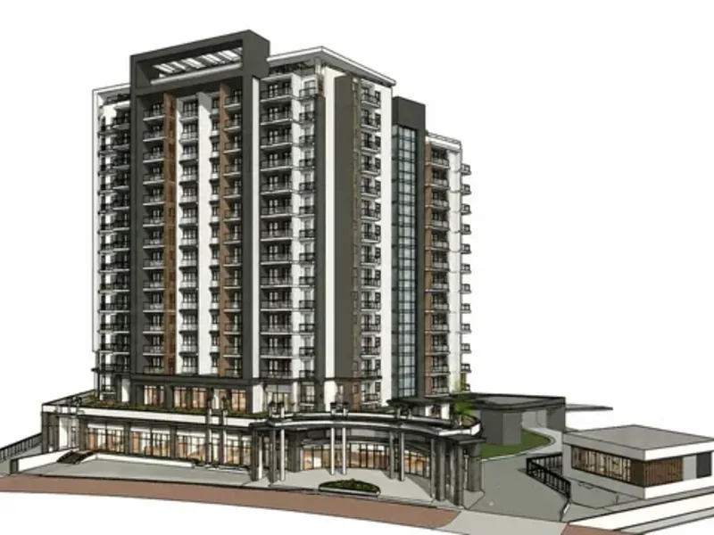 3D exterior rendering of residential twin towers on a waterfront at sunset in Canada