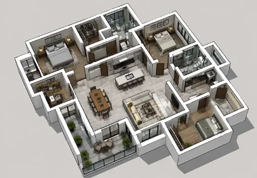 Furnished 3D floor plan of a one bedroom apartment viewed from above