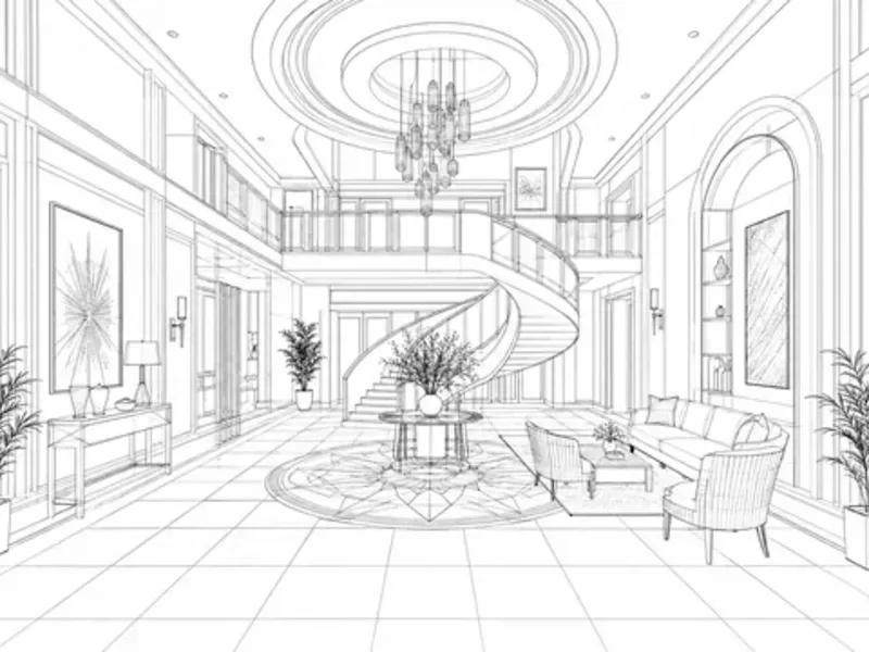 3D interior rendering of a fine dining restaurant with ambient lighting