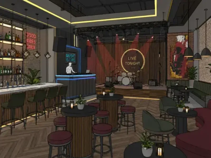3D interior rendering of a nightclub bar with DJ booth and neon lighting in the UK