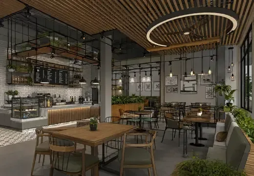 3D interior rendering of a luxury restaurant dining room with warm ambient lighting