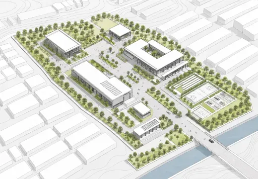 Aerial still from a 4K 3D walkthrough animation of an urban redevelopment masterplan