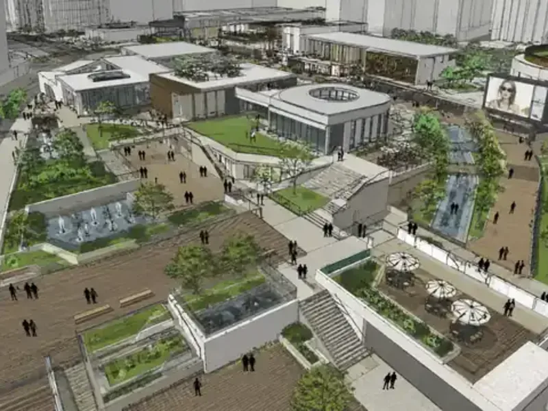 Still from a 4K 3D walkthrough animation of an urban redevelopment masterplan