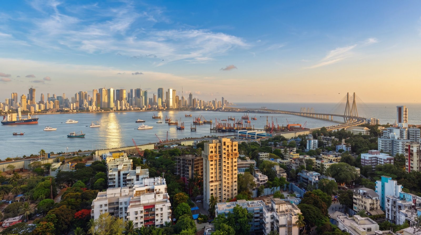 Aerial 360 panorama of a city skyline and sea link waterfront