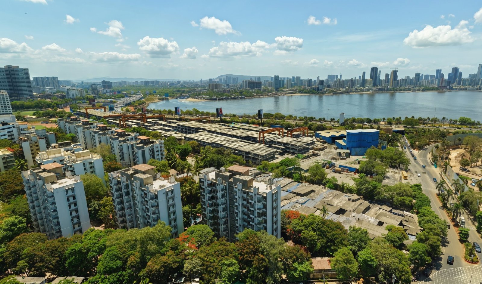 360 degree panoramic virtual tour aerial view of a city skyline and waterfront mixed-use development
