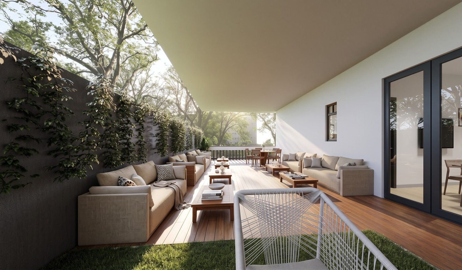VR headset compatible 360 degree panoramic virtual tour of a luxury contemporary outdoor terrace and lounge area