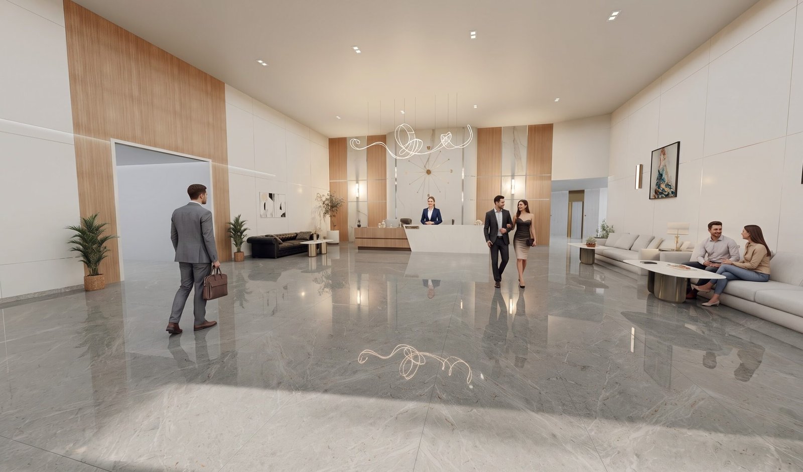 360 panorama of a luxury hotel reception lobby interior with modern design