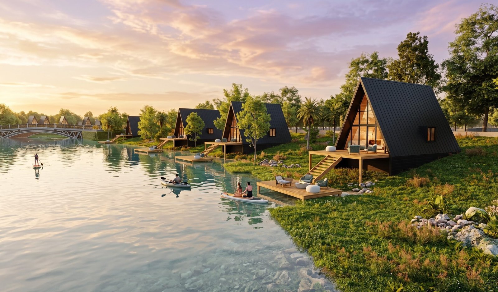 360 degree panoramic virtual tour of luxury lakeside A-frame cabins with a scenic waterfront