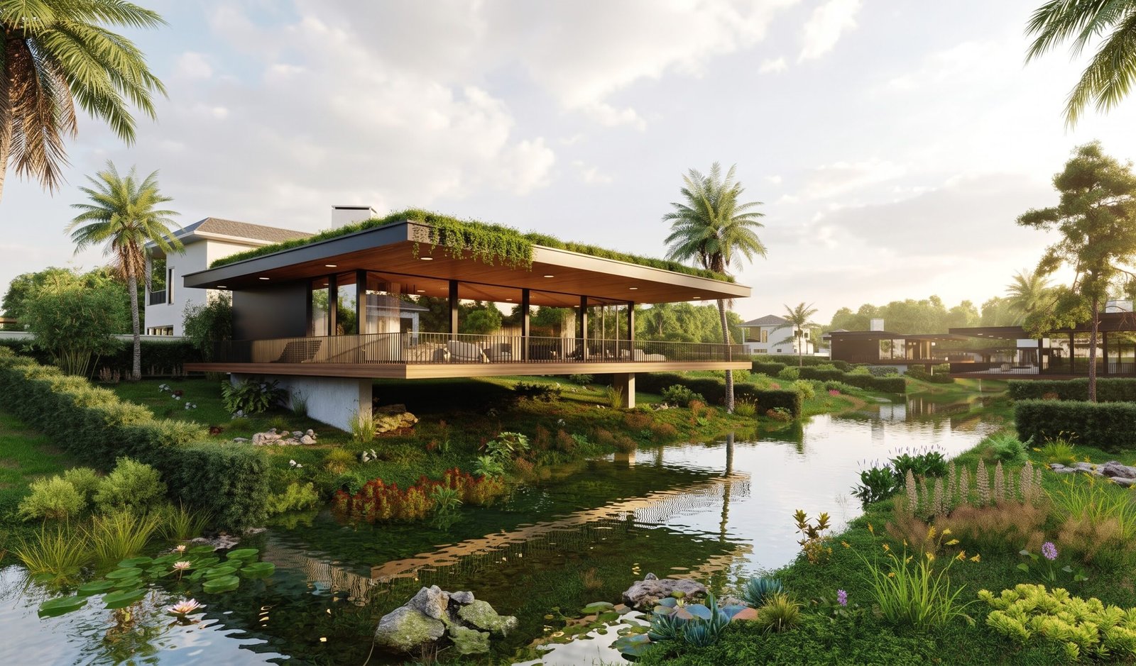 360 panorama of a luxury lakeside clubhouse and landscape architecture site plan
