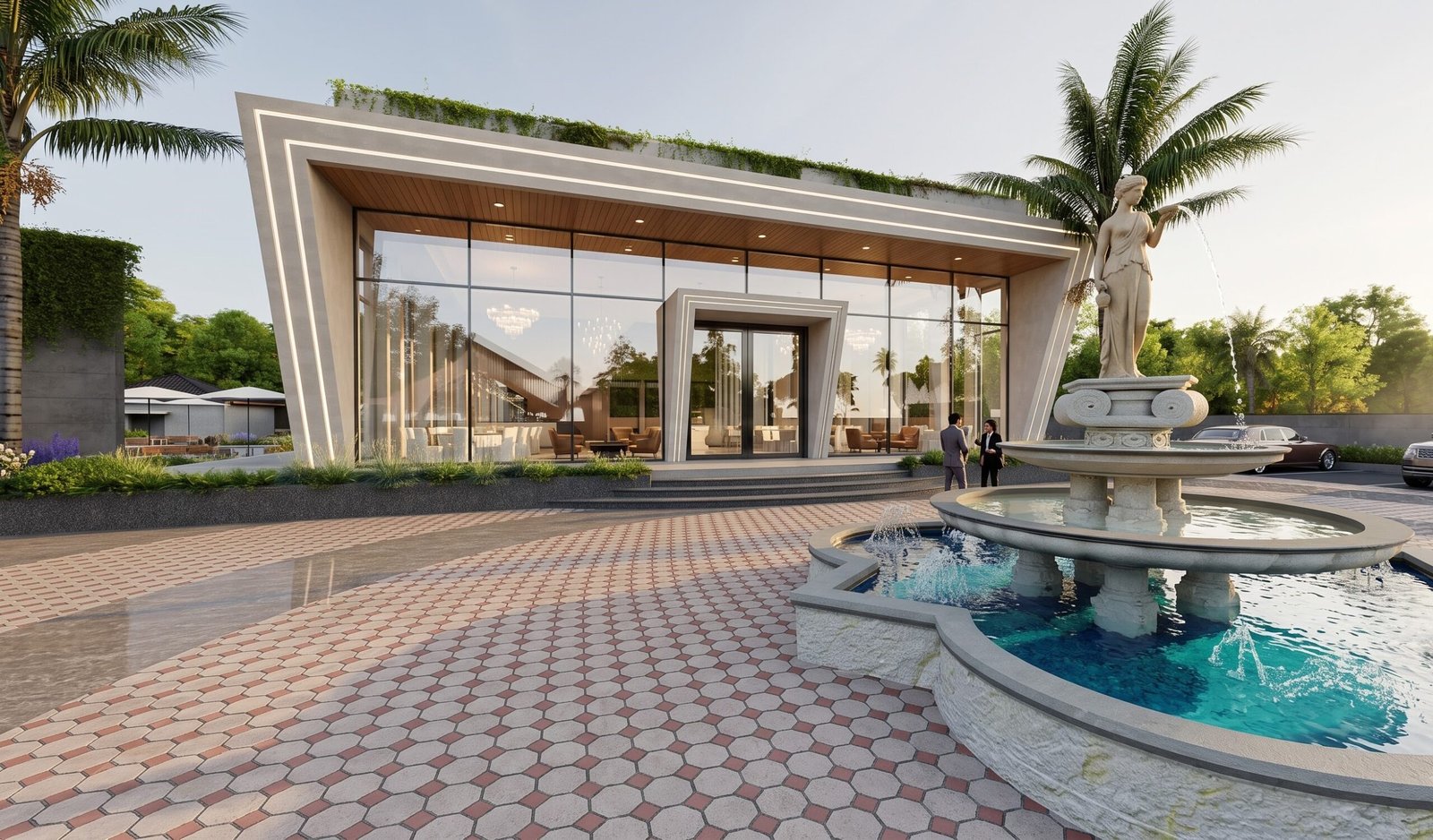 360 degree panoramic virtual tour of a luxury modern clubhouse entrance with fountain and glass facade