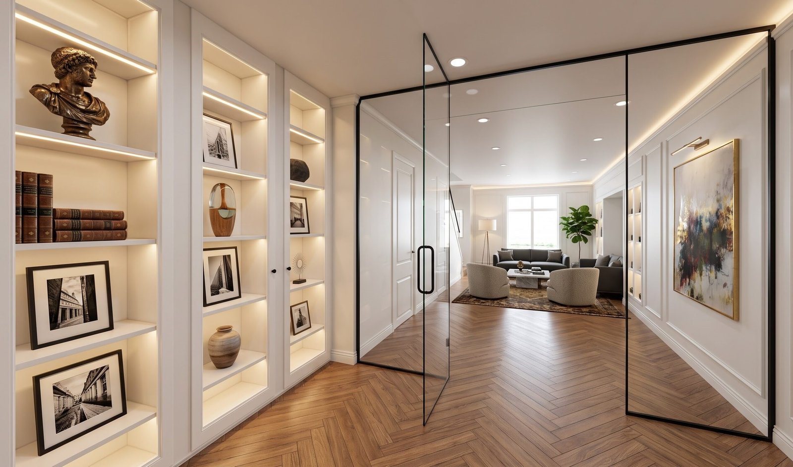 Interactive floor plan linked to 360 degree panoramic virtual tour of a residential corridor with glass partition and display shelves